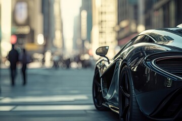 A stylish modern automobile parked in a vibrant cityscape, showcasing its sleek design and color. The atmosphere is lively with people walking, suggesting active transpor