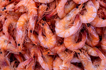 Shrimps in the market. Fresh seafood. Animal protein.