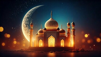 Realistic Ramadan Glow Mosque Moon and Bokeh islamic ramadan eid mubarak kareem mosque background. Generative AI