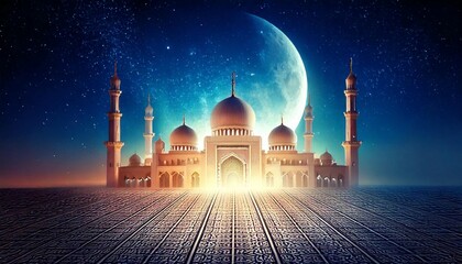 Realistic Ramadan Glow Mosque Moon and Bokeh islamic ramadan eid mubarak kareem mosque background. Generative AI