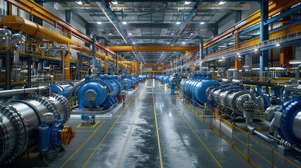 Industrial Factory Interior with Rows of Large Blue and Silver Machinery