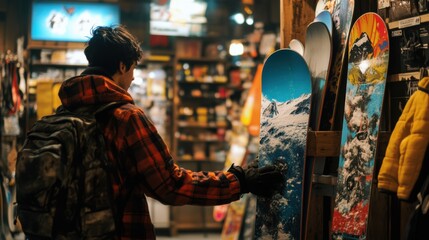 Man is selecting ski gear in sports store