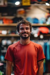 Fototapeta premium Portrait of a smiling happy friendly store employee in holiday shopping season