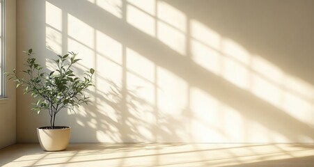 Minimalist interior scene with potted plant by window light soft shadows warm atmosphere clean design