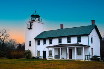 Horton Point Lighthouse, the landmark navigational architecture built in 1857 commissioned by George Washington, on Long Island, Southold, New York, USA