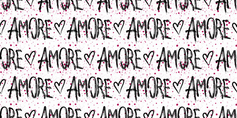 Distressed and romantic seamless pattern with the word Amore in a graffiti-inspired font. This grunge-inspired design is perfect for adding a touch of nostalgia to your projects. Y2k-inspired graffiti