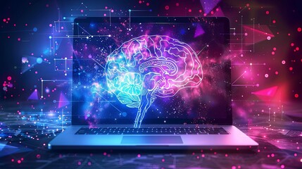 Obraz premium Digital Brain: A glowing human brain displayed on a laptop screen, symbolizing AI and technology.