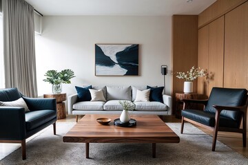 Stylish Scandinavian Living Room Decor Featuring Wooden Coffee Table and Modern Armchair