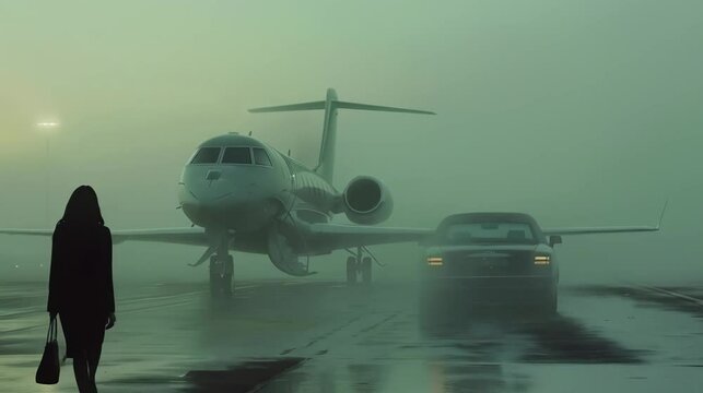 Businessman shaking businesswoman's hand, privat jet in background