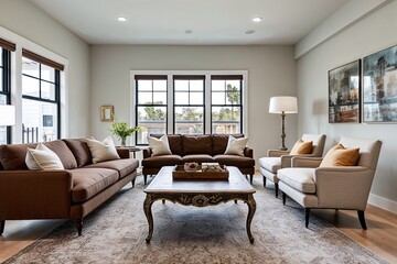 Fototapeta premium Modern Airy Living Room Featuring Vintage Coffee Table and Neutral Brown Sofa in Chic Design