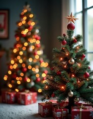 Naklejka premium Cozy Christmas scene with two decorated Christmas trees. Small tree is in focus with red and gold ornaments and warm lights. Red presents are under trees. Festive atmosphere in room. Christmas spirit.