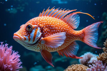 Obraz premium Orange Spotted Fish Swimming in Ocean Coral Reef
