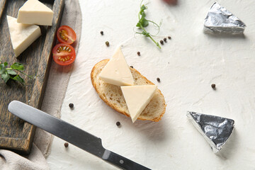 Composition with triangles of tasty processed cheese, tomatoes, spices and knife on light background