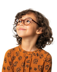 Obraz premium Young Caucasian girl smiling and looking up, transparent background (PNG)