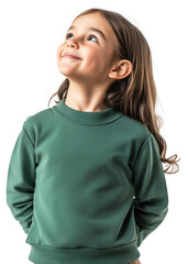 Portrait of a young Caucasian child smiling and looking up, transparent background (PNG)