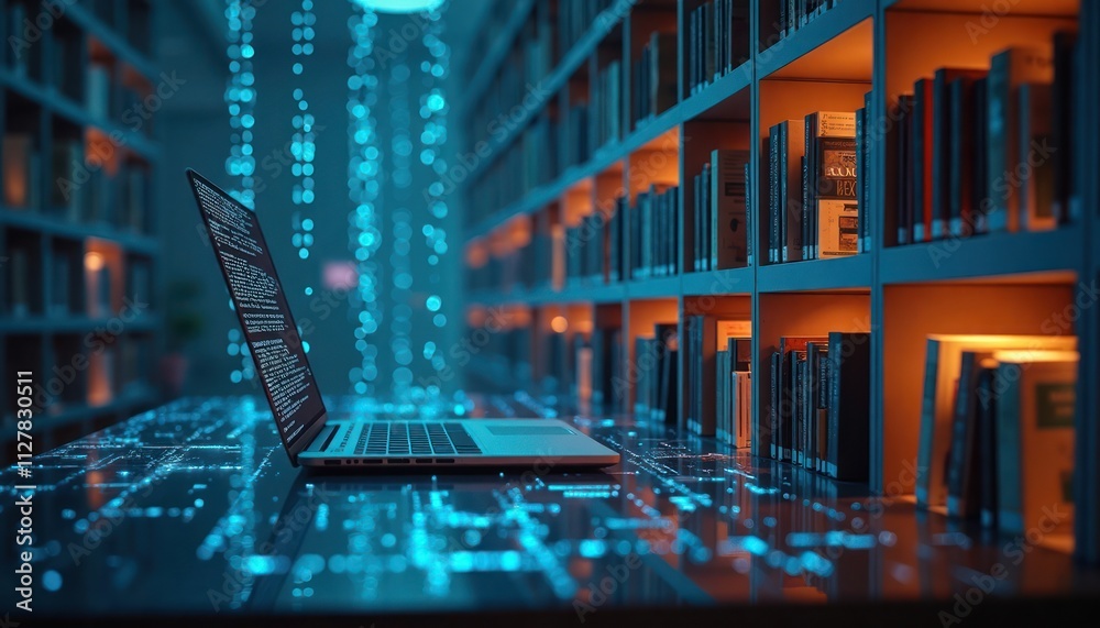 Fototapete futuristic library scene shows laptop computer with glowing binary code on screen. bookshelves with 