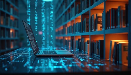 Futuristic library scene shows laptop computer with glowing binary code on screen. Bookshelves with books in background. Data visualization, AI information search highlighted. Tech, library concepts