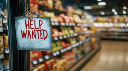 Help wanted sign at store during busy holiday shopping season.