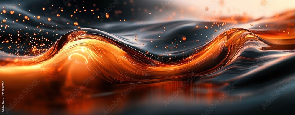 Poster abstract orange and black fluid dynamics art with waves and light reflection