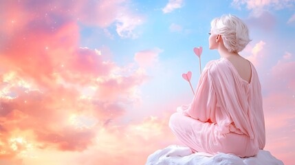 Valentine's day background romantic scene with woman dreamy sky cloud setting soft colors