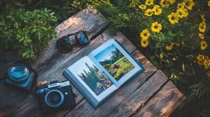 A comprehensive guidebook on a rustic wooden table, featuring colorful destination photos