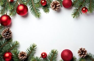 Festive Christmas border design with red ornaments, pine cones on blank white background ideal for holiday greetings decorations. Christmas theme. Perfect for greeting cards invitations, seasonal
