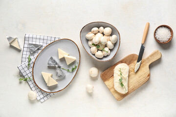 Composition with triangles of tasty processed cheese, mushrooms and sea salt on light background