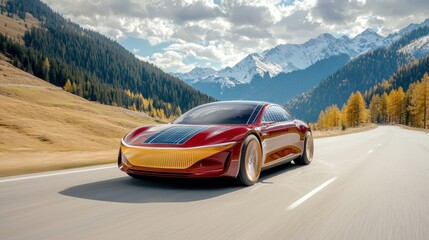 Obraz premium A futuristic automobile design concept featuring sleek aerodynamics, solar panels integrated into the body for sustainable power generation