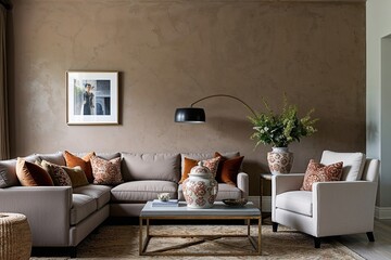 Stylish Living Room Design with Taupe Plaster Walls and Decorative Jars