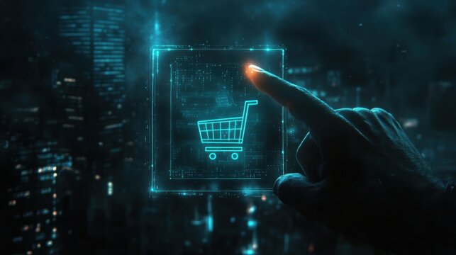 Glowing shopping cart hologram digital sale promotion poster design for holiday shopping season.