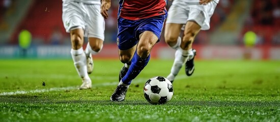 Soccer players in action fighting for the ball on the field