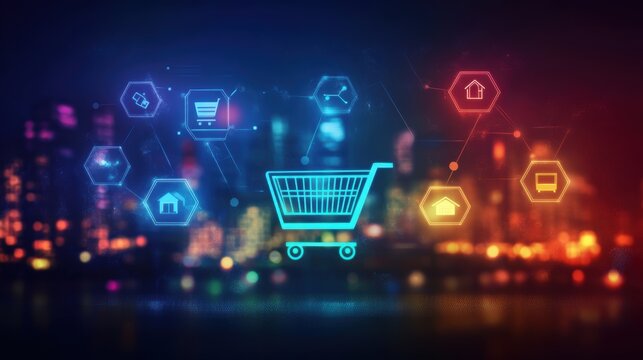 Glowing shopping cart hologram digital sale promotion poster design for holiday shopping season.