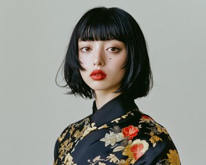 Portrait of a Young Woman with Red Lipstick and Bob Haircut Wearing a Floral Kimono