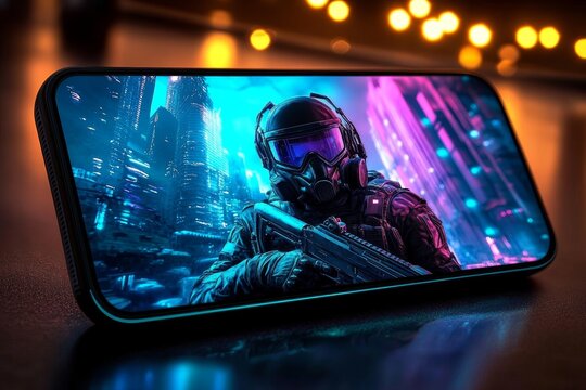 Smartphone Displaying Futuristic Shooter Game with Soldier and Weapon in Neon Light