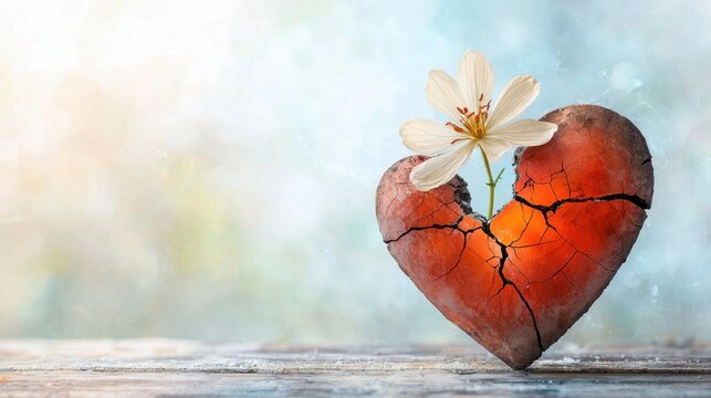 A stunning piece of art depicting a broken and cracked heart with a delicate flower blooming out of it, symbolizing beauty and healing in the midst of heartbreak