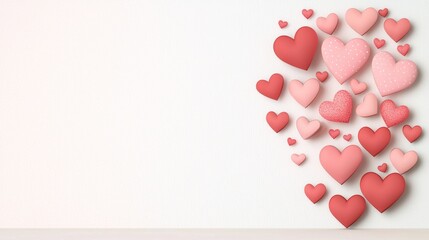 Colorful hearts scattered on a simple background for love and romance themes.