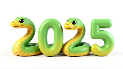 Naklejka premium Green 2025 numbers with snake isolated on white background. 3d lettering. Symbol of Chinese New Year 2025. Creative New Year design. Festive concept with copy space