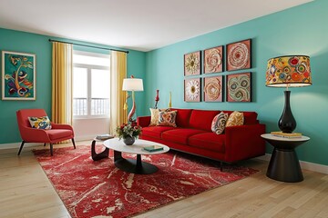 Bright Apartment 3D Rendering Featuring Colorful Living Room Design with Red Sofa and Playful Artwork