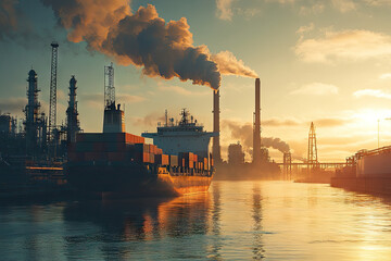 Container ship moored at an oil and gas facility, with smokestacks releasing steam. Copyspace on the bottom. Bright, sharp lighting. Port infrastructure background with cranes.