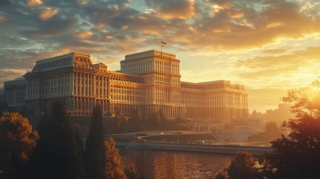 Palace at sunset, river, golden light.