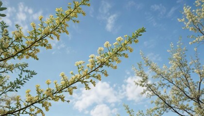 Branches and flowers of Acacia concinna against a clear blue sky on a white background , landscape element, flowering shrub