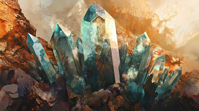 Dazzling crystalline structures blending with earthy tones, evoking bohemian, free-spirited essence, and effortless, natural beauty in warm, sunlit outdoor settings. Verdigris. Illustration