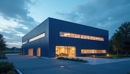 Obraz premium Modern industrial building exterior at twilight. Large building with blue metal siding. Windows lit up inside. Car parked in covered garage area. Paved parking lot surrounds building. Landscaped area