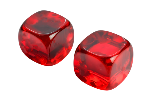 Red pair of casino dice rolled a seven with each die rolling a five and two isolated on white background with clipping path cutout concept for games of chance, taking a risk and luck in gambling