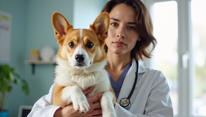 Veterinarian Holding Corgi in Veterinary Clinic - Professional Pet Care