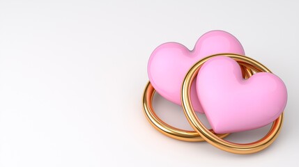 Two pink hearts symbolizing love with golden wedding rings, perfect for romantic themes.