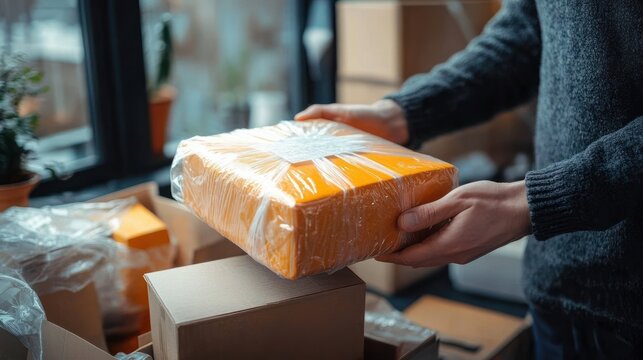 Unpacking Vibrant Package in Modern Workspace with Soft Natural Light and Textured Details of E-commerce Returns