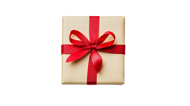 Small square gift box tied with red ribbon isolated on white background, top view