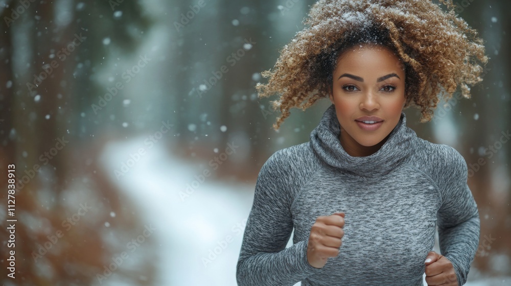 Aufkleber a woman jogs with determination on a snowy path in a forest, surrounded by tall trees and gentle sno
