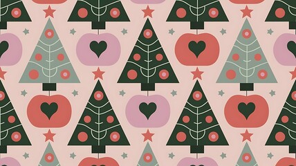 Beautiful Xmas pattern with ornaments. Christmas wrapping paper concept. Vector, Seamless illustration with a Christmas theme - Santa Claus, Christmas trees, ornaments, background